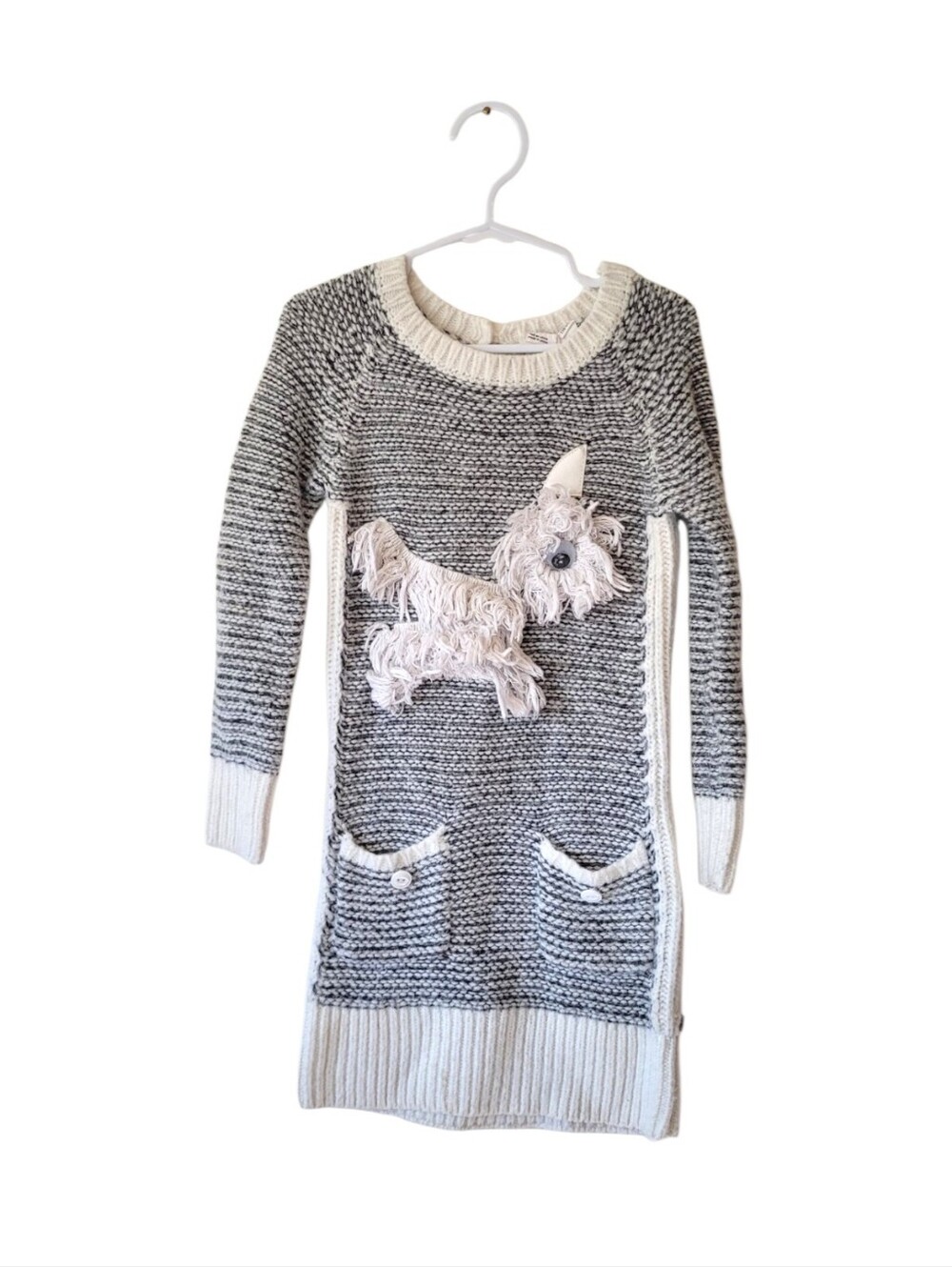 Duex Par Duex Girls Gray & Cream Knit Dog-Appliqué Sweater Dress Size US 5